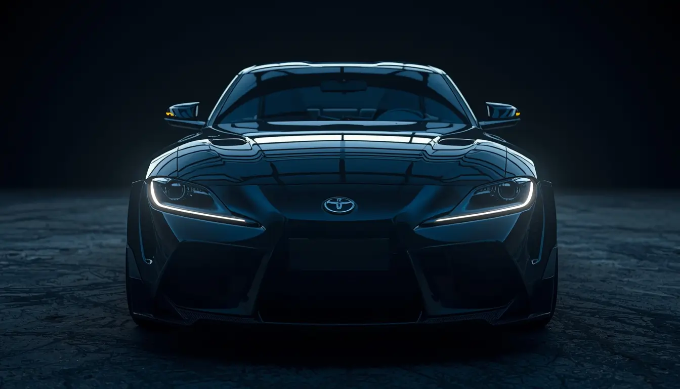 Front view of a black sports car with glowing headlights in a dark studio, captured as black-car-wallpaper-4k