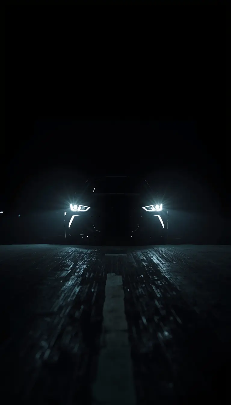 Black car emerging from darkness with glowing headlights on a wet road, captured as black-car-wallpaper-4k