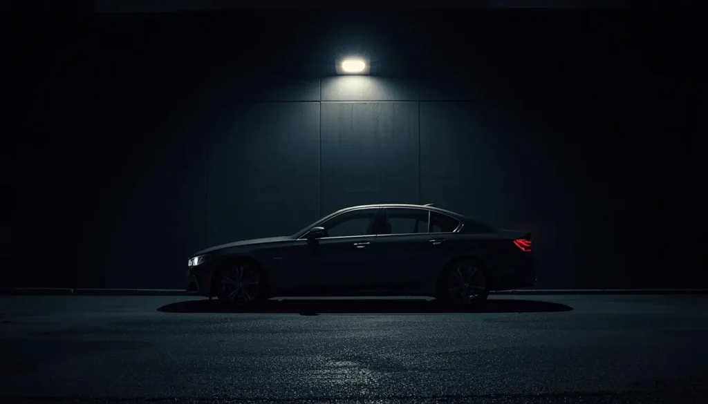 Side view of a black car parked under a single street light at night, captured as black-car-wallpaper-4k