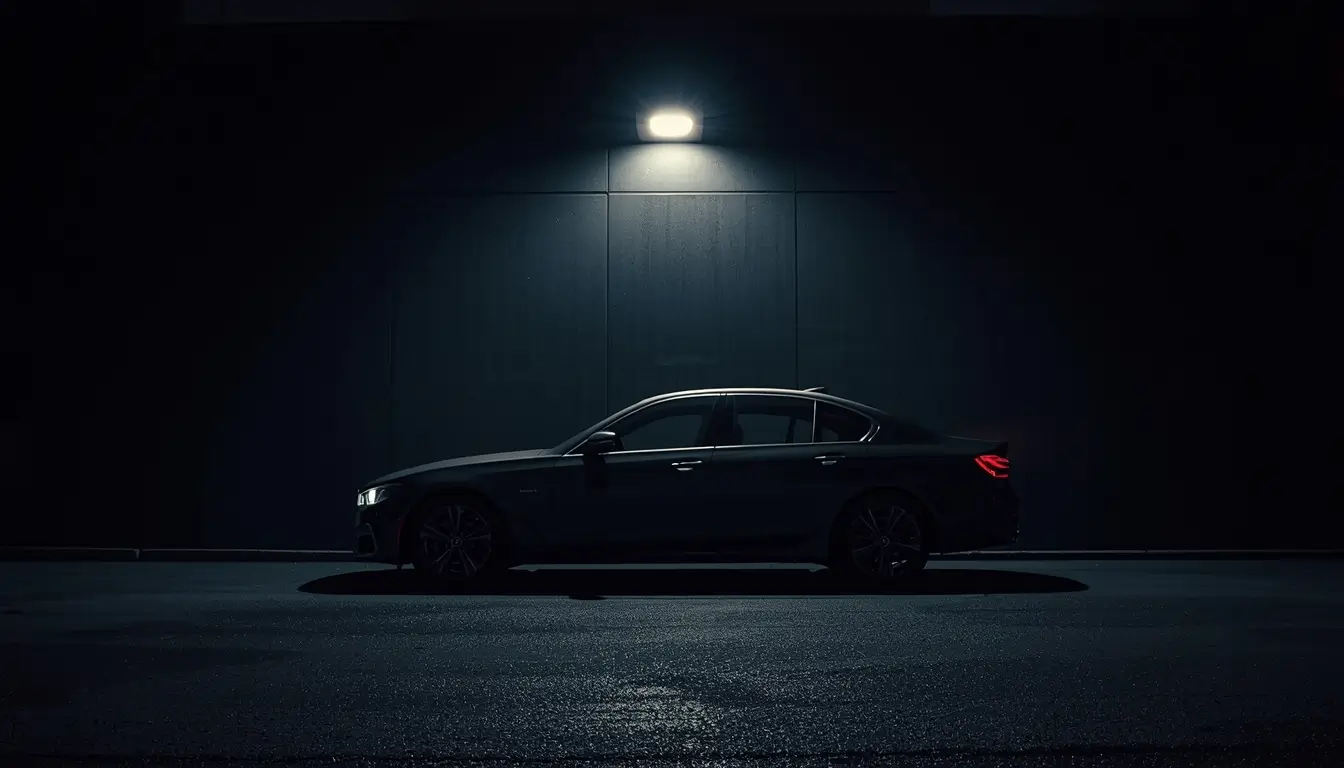 Side view of a black car parked under a single street light at night, captured as black-car-wallpaper-4k