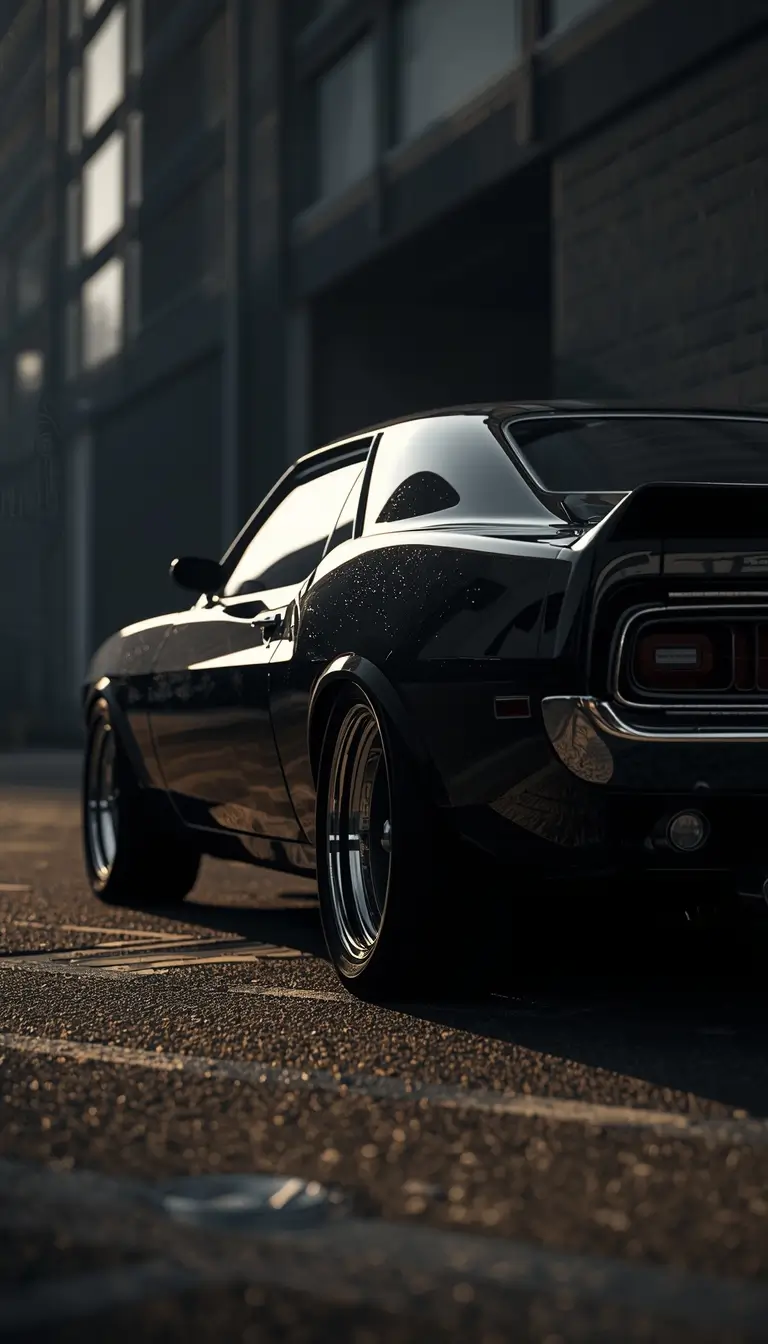 Rear side view of a black muscle car parked in a dark urban street, captured as black-car-wallpaper-4k