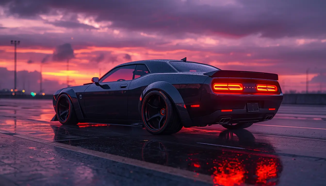 Black muscle car parked on wet road at sunset with glowing taillights, cinematic black car wallpaper 4k for iPhone screens