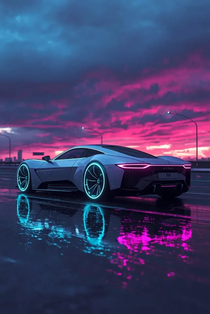 Futuristic electric supercar with neon wheels on wet road at night, high-quality car wallpaper iphone with cinematic lighting