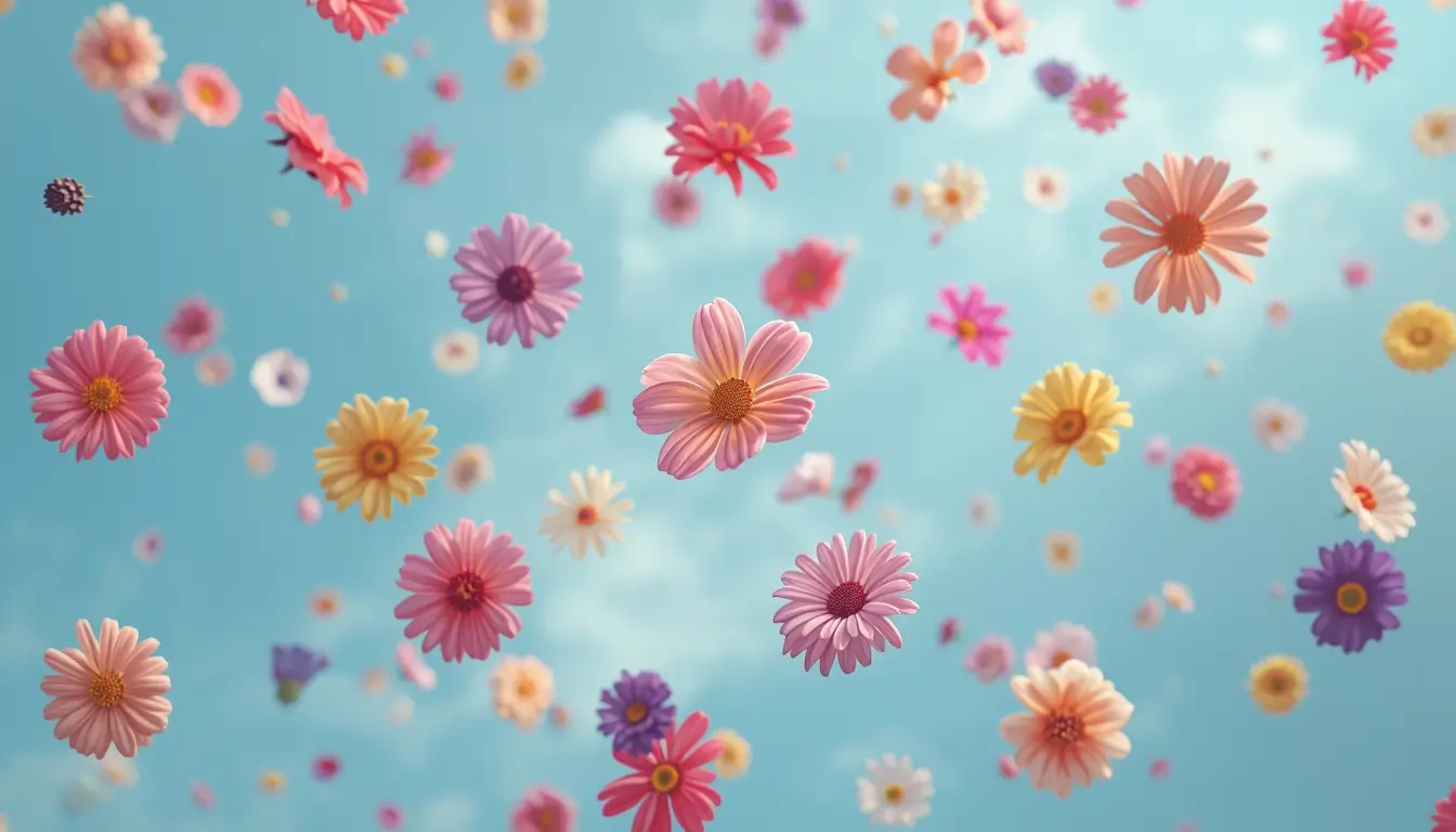 Colorful cute flowers floating in the sky on blue background, dreamy cute flower wallpaper with aesthetic style