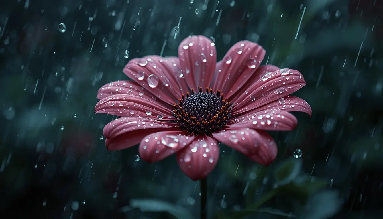 Dark flower wallpaper showing a pink flower with fresh rain droplets against a deep, moody background in soft light.