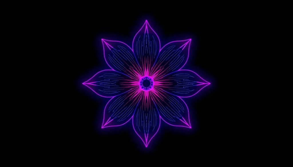 Neon glowing flower with pink and blue lines on black background, modern dark flower wallpaper with futuristic style