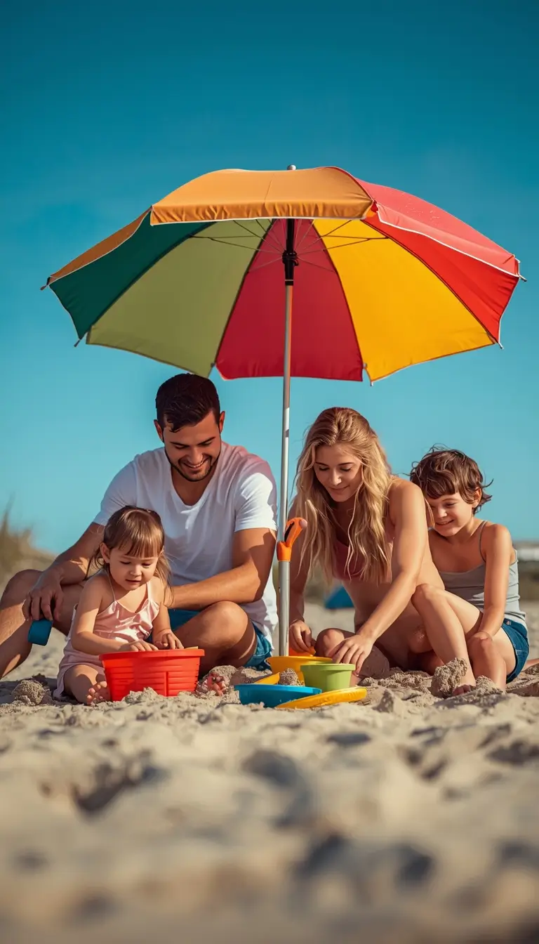Family beach photo of parents and children playing in the sand under a colorful umbrella on a sunny beach.