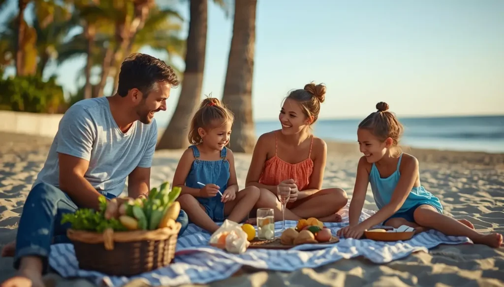 Family beach photos showing parents and children enjoying a picnic on the sand with palm trees and ocean in the background.