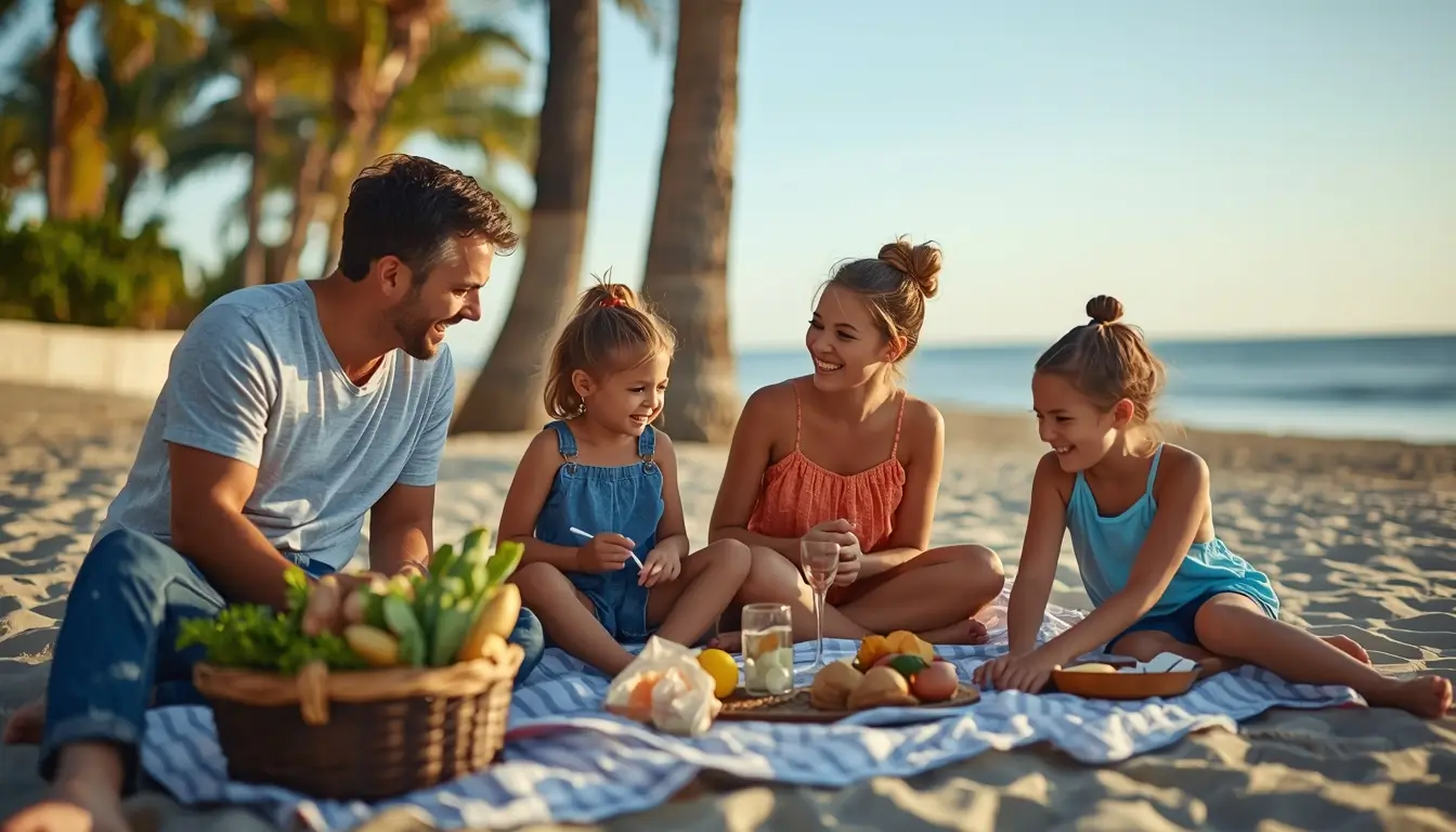 Family beach photos showing parents and children enjoying a picnic on the sand with palm trees and ocean in the background.