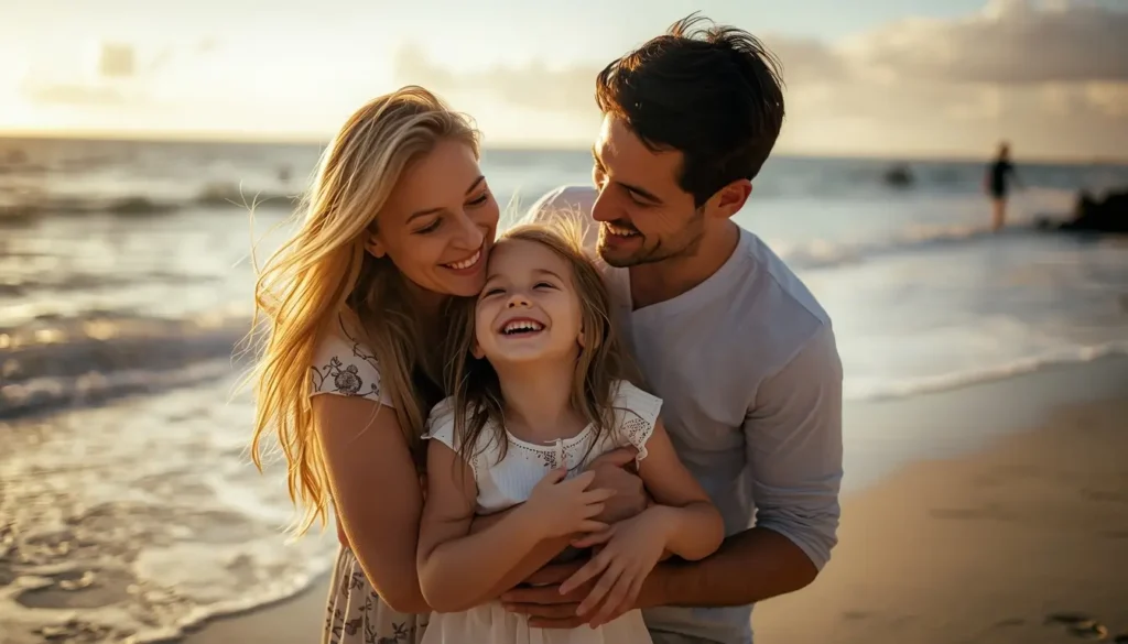 Family beach photos showing parents and child laughing together by the ocean during warm golden hour light.
