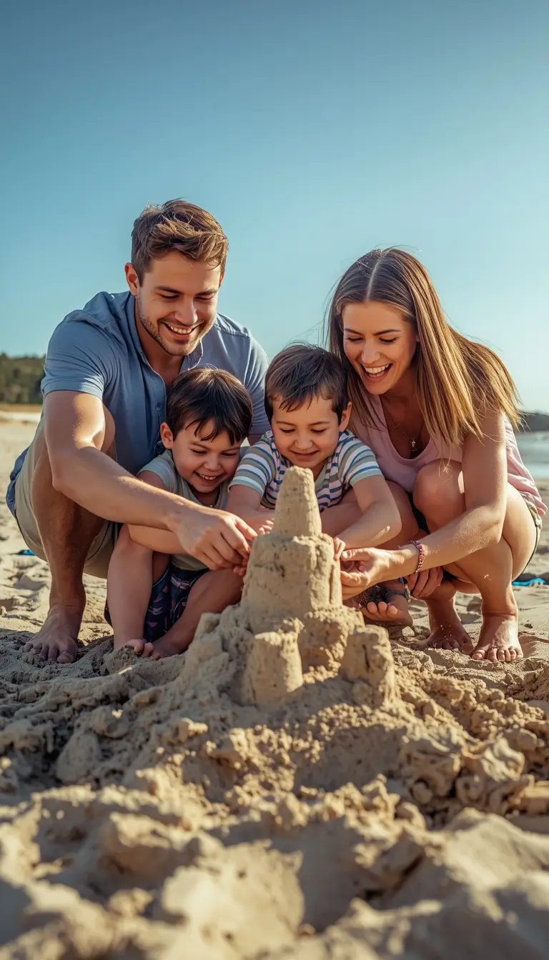 Family beach photos of parents and children building a sandcastle together on a sunny beach with happy expressions.