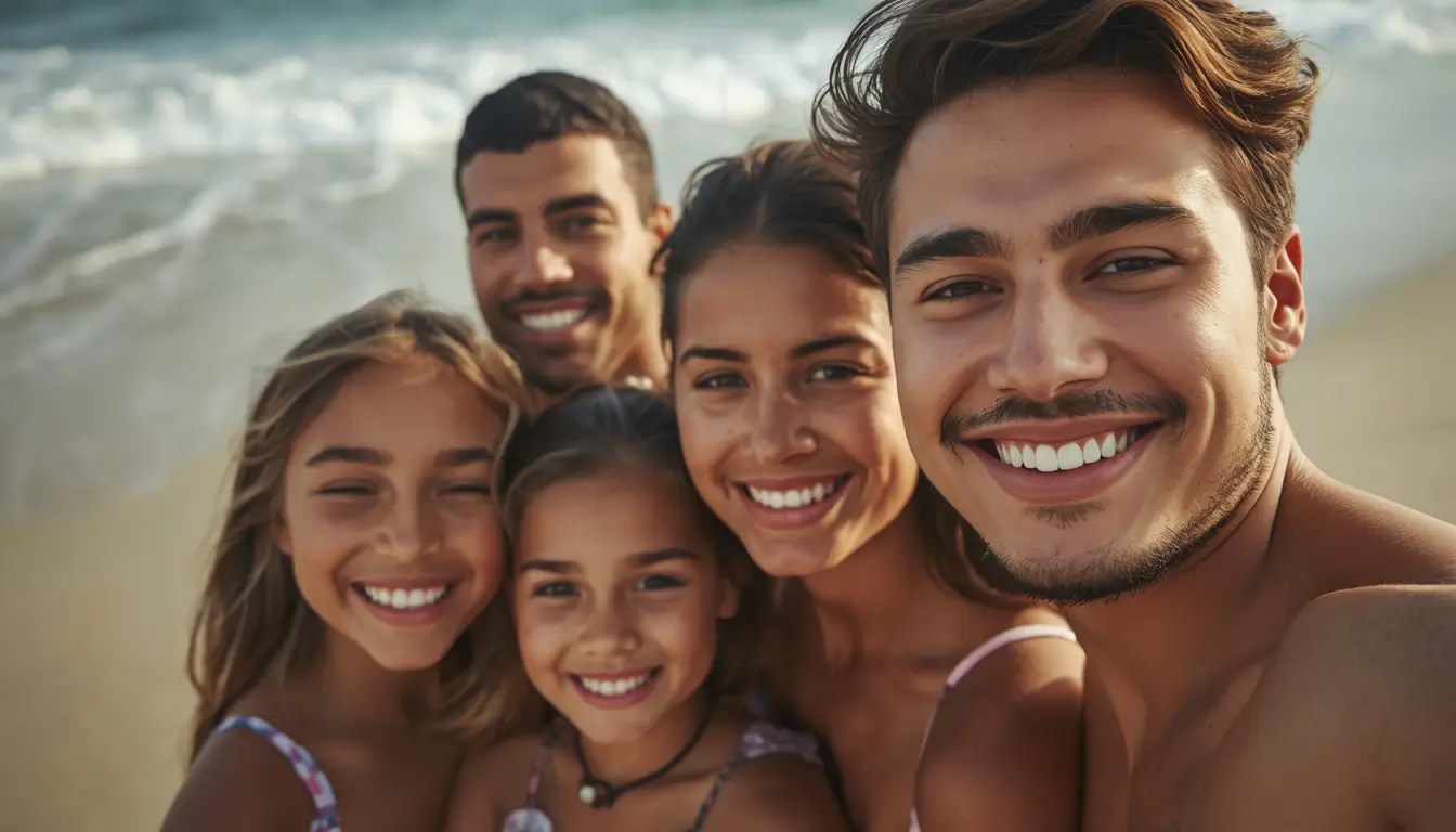 Family beach photos showing a smiling family selfie with parents and kids at the beach, ocean waves softly blurred in the background.