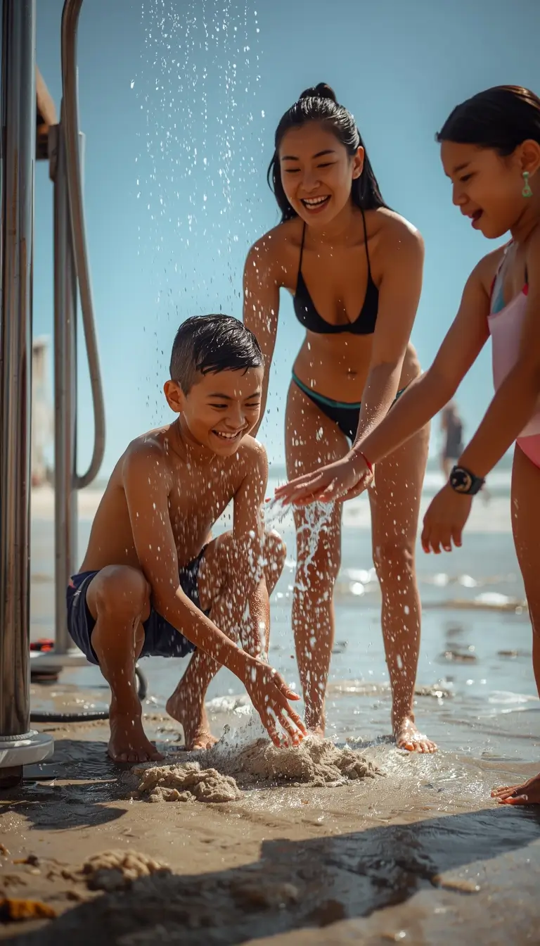 Family beach photos showing parents and children laughing while washing sandy feet under a beach shower on a sunny day.