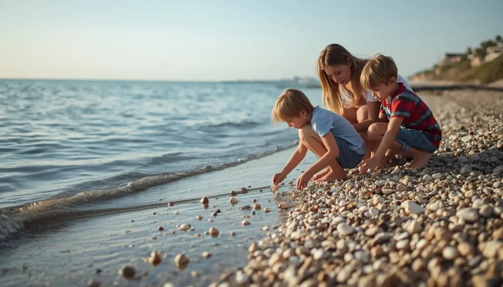 Family beach photos showing parents and children collecting seashells together along the shoreline with calm ocean waves.