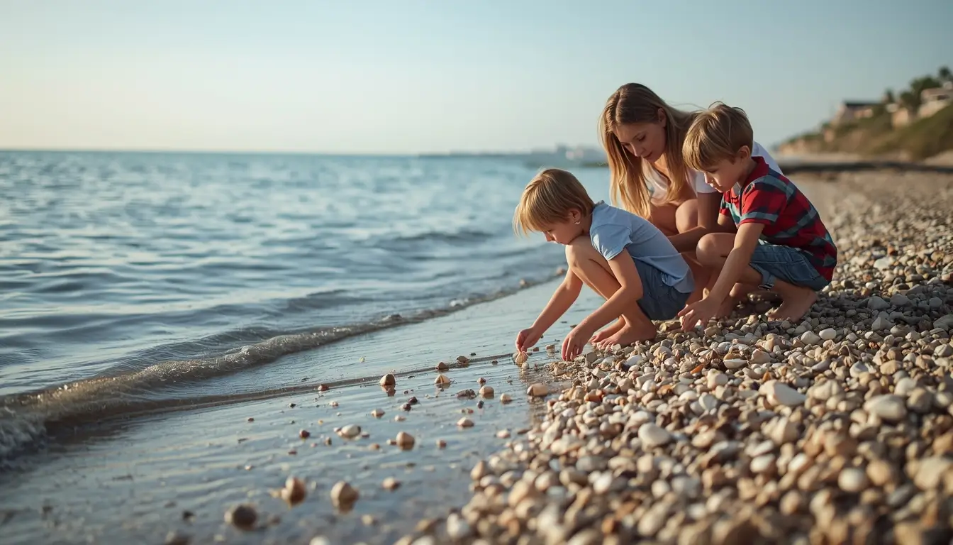Family beach photos showing parents and children collecting seashells together along the shoreline with calm ocean waves.