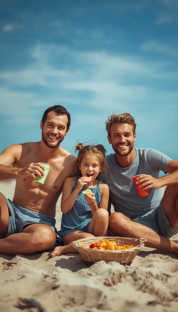 Family beach photos showing parents and a child sitting on the sand, smiling and sharing snacks together on a sunny beach.