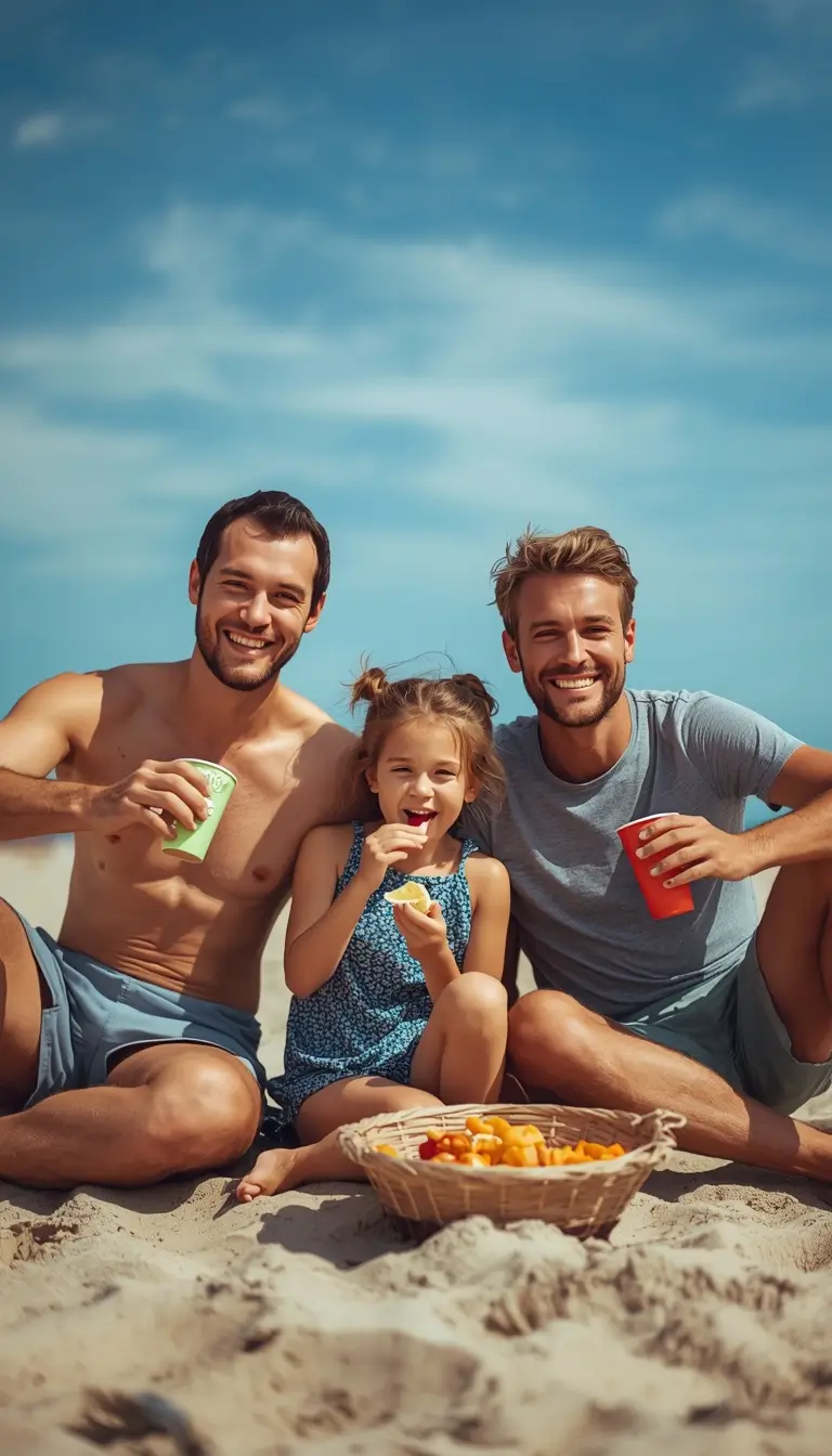 Family beach photos showing parents and a child sitting on the sand, smiling and sharing snacks together on a sunny beach.