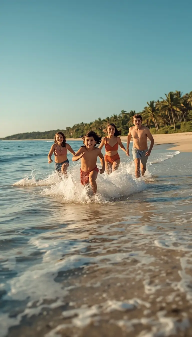 Family photos at beach showing children and parents running through shallow ocean waves on a sunny tropical shoreline.