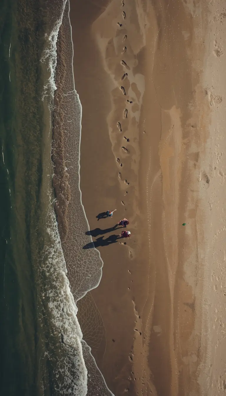 Family photos at beach captured from above, showing a family walking along the shoreline with waves and footprints in the sand.