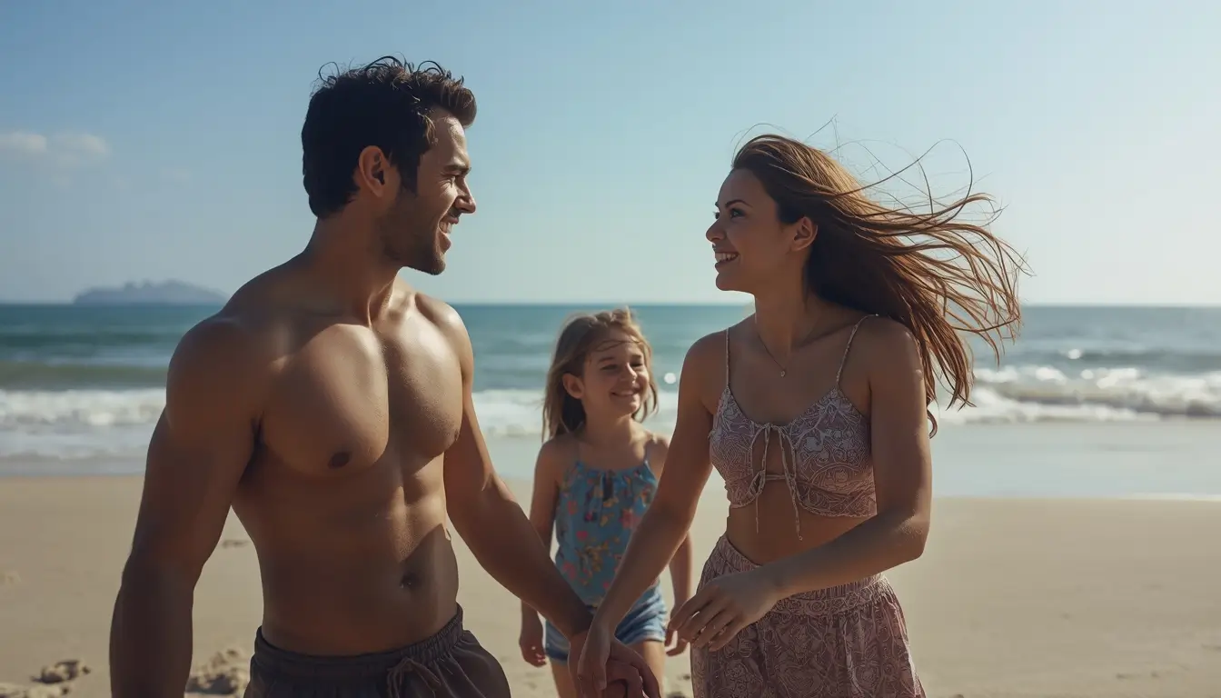 Family photos on beach showing parents walking and talking naturally while their child smiles behind them near the ocean.