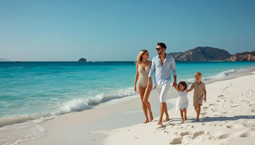 Family photos on beach showing parents and children walking along white sand beside turquoise ocean water on a sunny day.