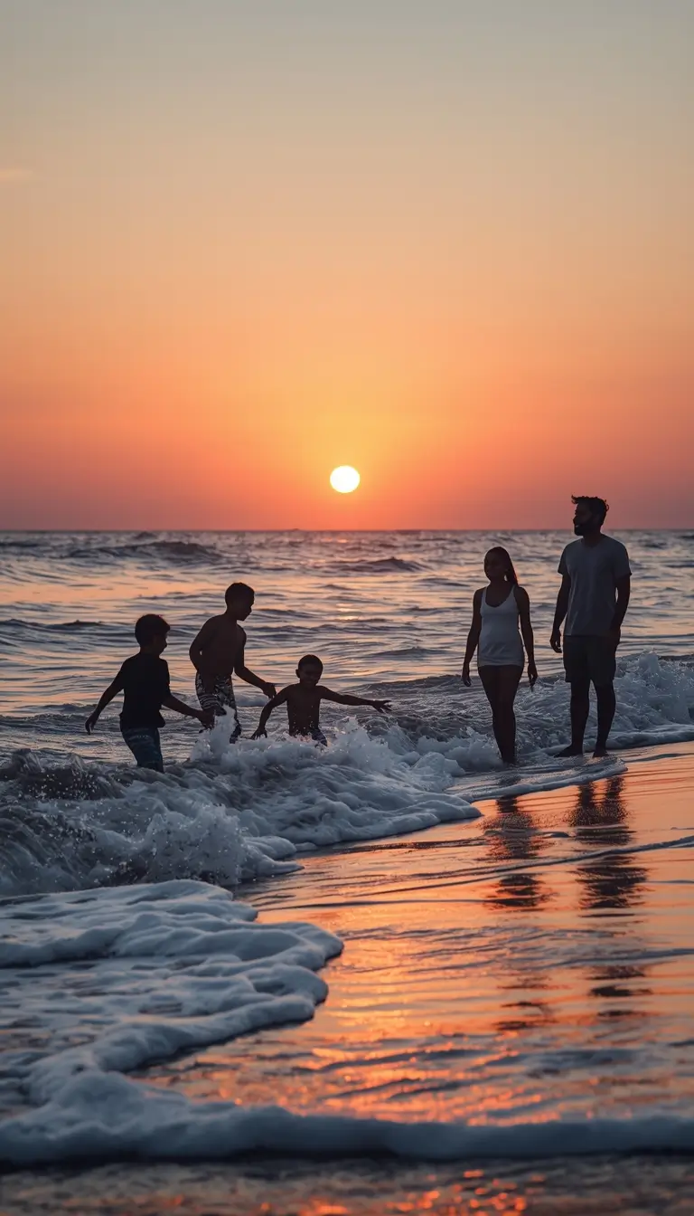 Family photos on the beach showing parents and children playing in ocean waves at sunset with warm sky reflections.