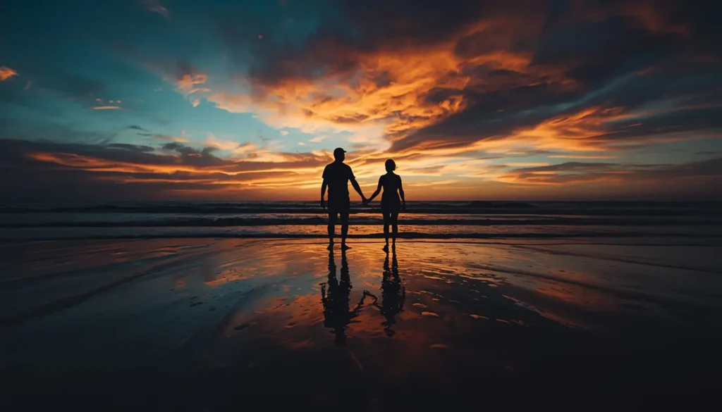 Family photos on the beach showing silhouettes holding hands at sunset with dramatic sky and ocean reflections.