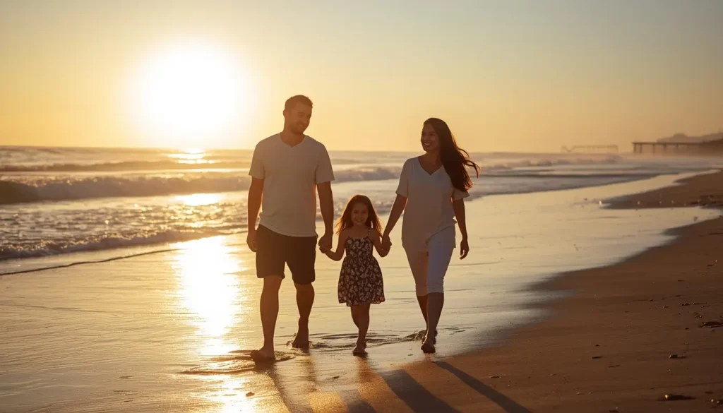 Family photos on the beach showing parents and child walking hand in hand along the shoreline at sunset with warm golden light.