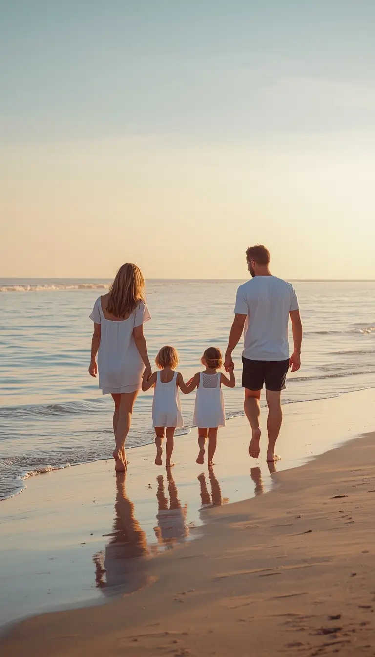 Family photos on the beach showing parents and children walking barefoot along the shoreline during a calm morning with soft light.