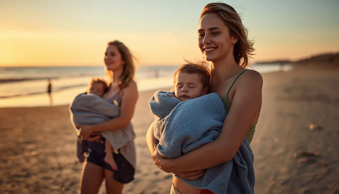 Family photos on the beach showing parents carrying sleeping children wrapped in towels during a calm sunset walk.