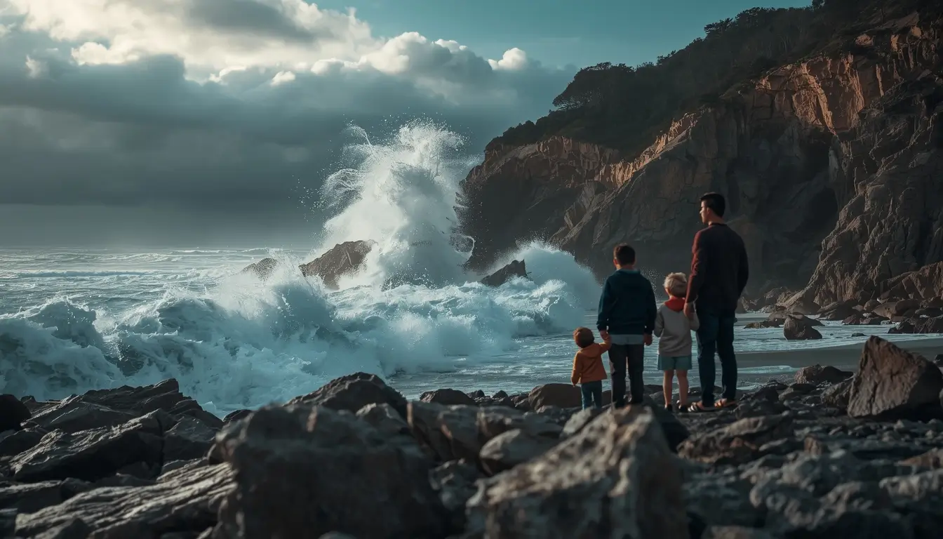 Family photos on the beach showing a family watching powerful waves crash against rocky cliffs along the shoreline.