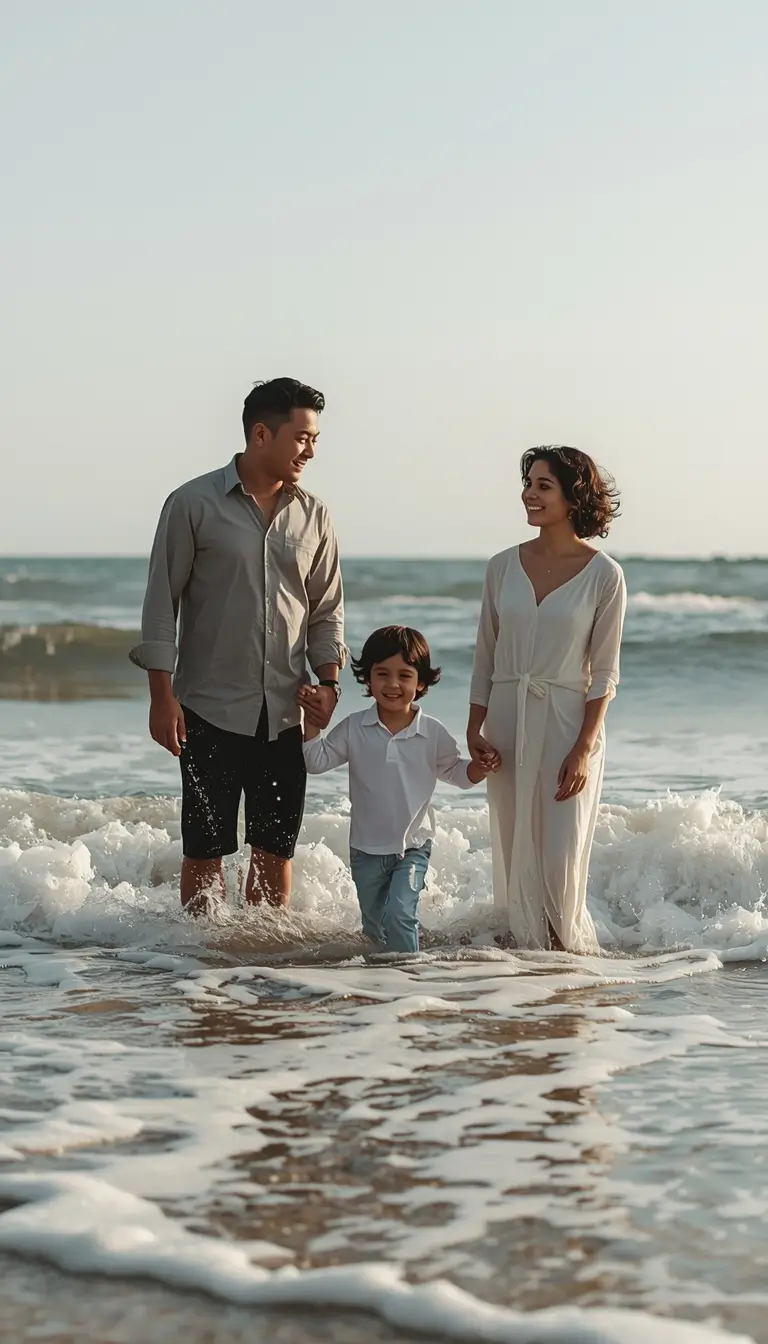 Family photos on the beach showing parents and child holding hands while standing in shallow ocean waves with relaxed smiles.