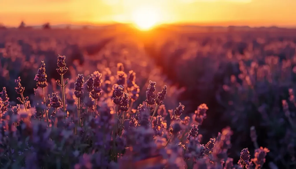 Flower field wallpaper featuring lavender flowers glowing at sunset, aesthetic nature background for desktop and phone screens