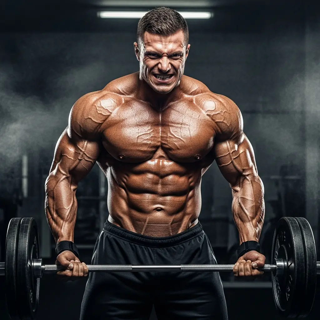 Muscular athlete lifting a heavy barbell in a gym, gym motivation wallpaper highlighting strength, determination, and intense workout power