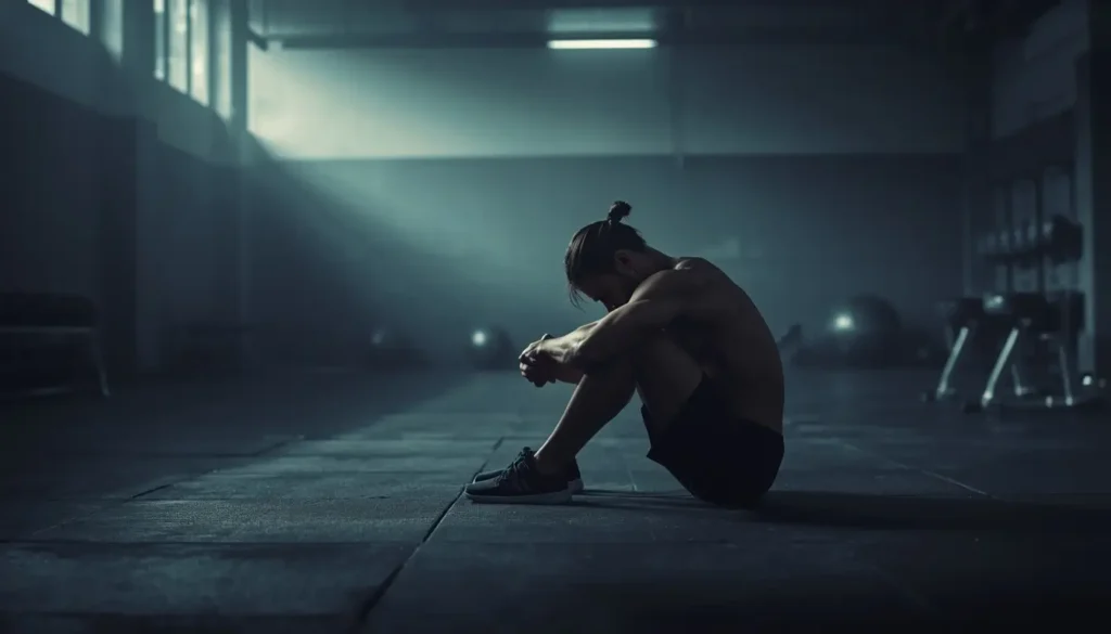 Athlete sitting alone in a quiet gym with head down, powerful gym motivation wallpaper showing mental focus and discipline