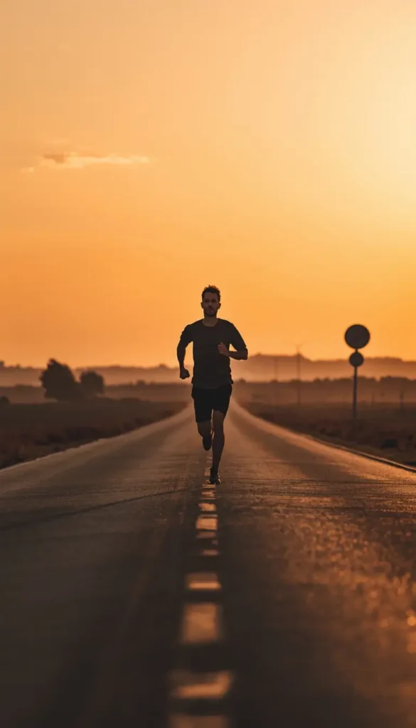Gym motivation wallpaper of a man running alone on an empty road at sunrise, symbolizing discipline, fitness, and determination