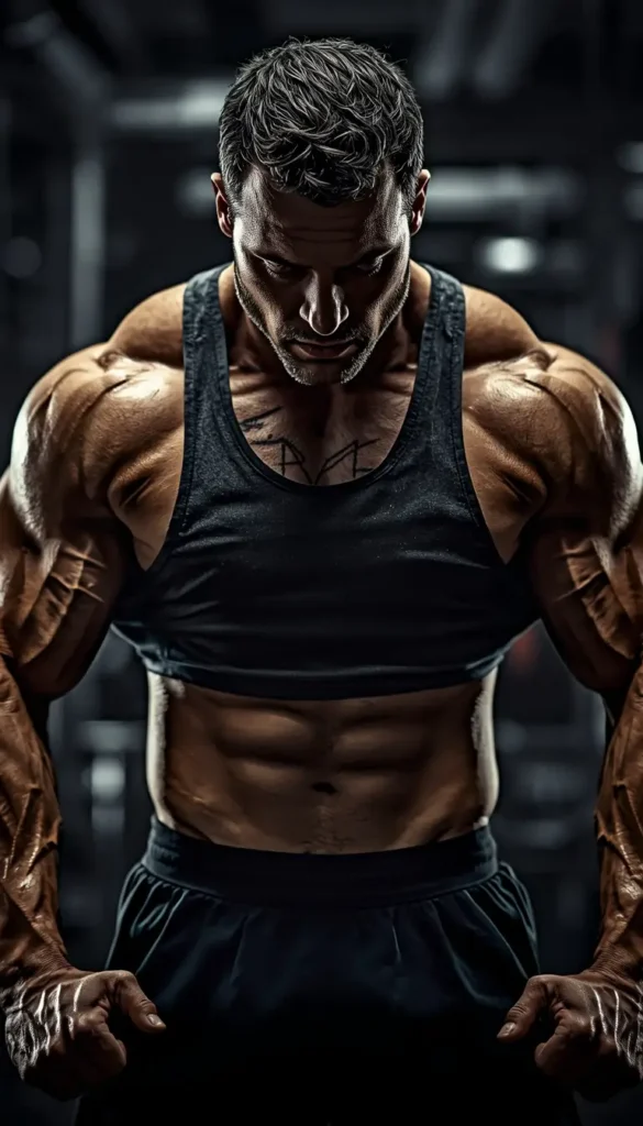 Gym motivation wallpaper showing a muscular man with intense focus in a dark gym, inspiring strength, discipline, and fitness goals