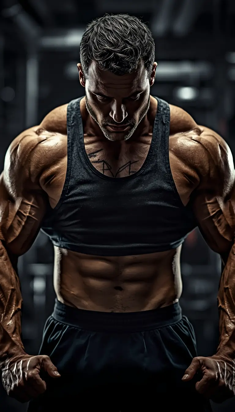 Gym motivation wallpaper showing a muscular man with intense focus in a dark gym, inspiring strength, discipline, and fitness goals