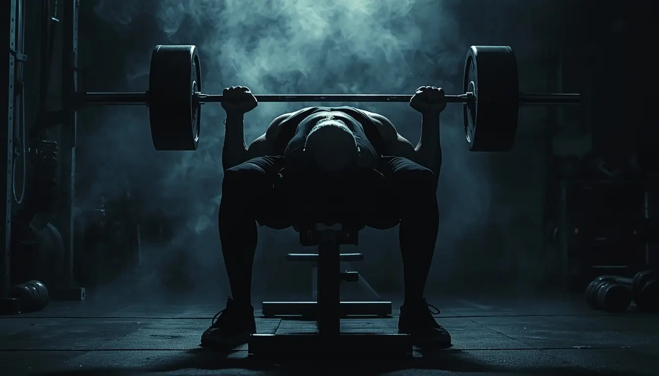 Gym motivation wallpaper showing a muscular athlete bench pressing heavy weights in a dark gym with dramatic lighting