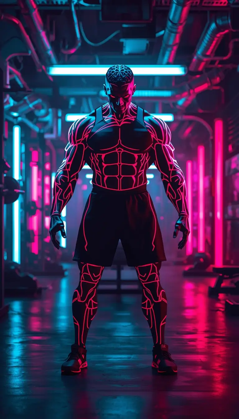 Futuristic neon athlete standing in gym gym motivational wallpaper symbolizing power, focus, and intense training