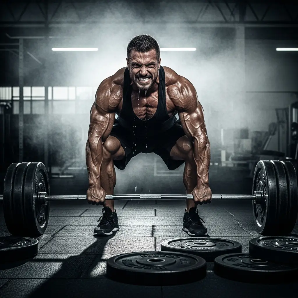 Muscular athlete performing a heavy deadlift in a dark gym, gym motivation wallpaper showing strength, focus, and intense workout energy