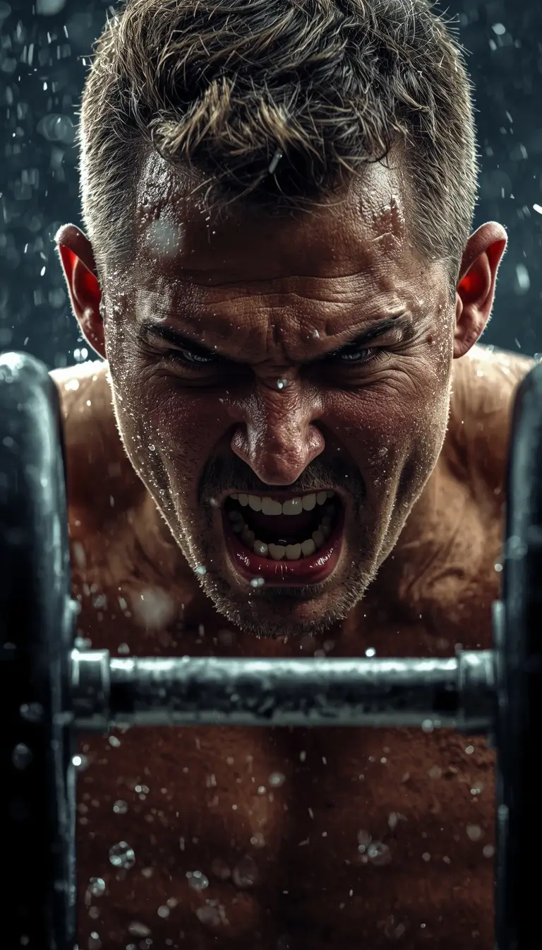 Intense close up of man lifting heavy weights with sweat flying, powerful gym motivational wallpaper for strength mindset