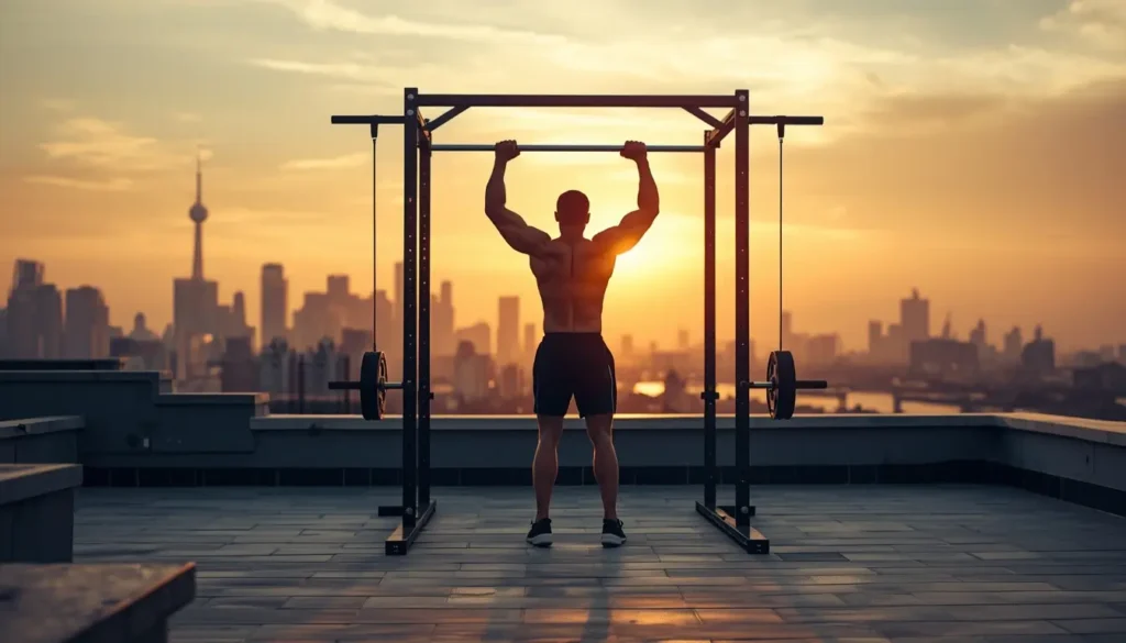 Silhouette of man doing pull ups on a rooftop gym at sunrise with city skyline, powerful gym motivational wallpaper