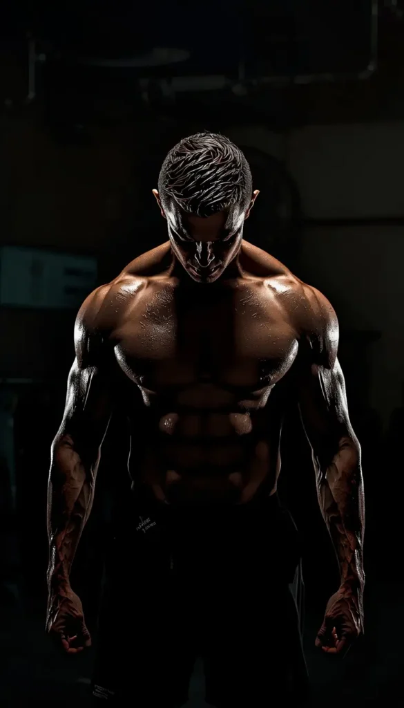 Gym motivational wallpaper of a muscular man training alone in a dark gym, showcasing strength, focus, and intense fitness motivation