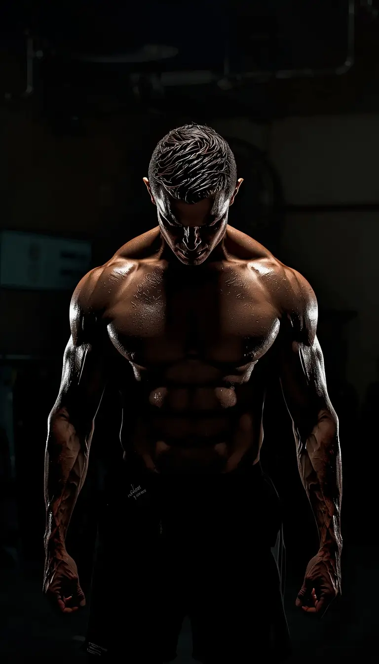 Gym motivational wallpaper of a muscular man training alone in a dark gym, showcasing strength, focus, and intense fitness motivation