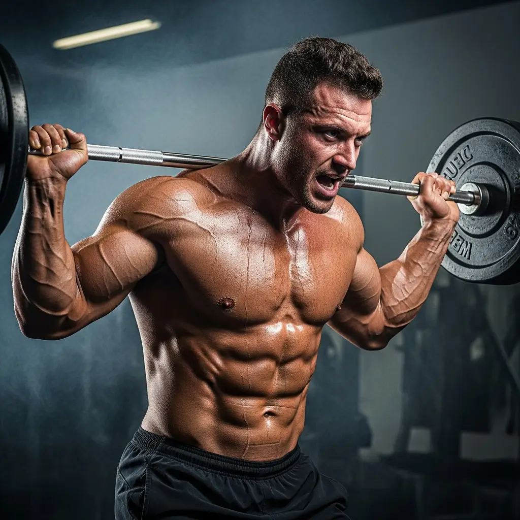 Muscular man lifting a barbell on shoulders in a gym, gym motivational wallpaper showing strength, focus, and intense training mindset