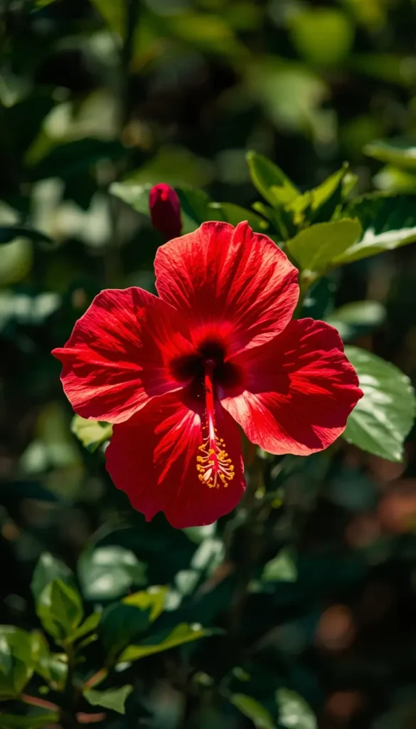 Bright red hibiscus flower in sunlight with green leaves, perfect hibiscus flower wallpaper for desktop and mobile