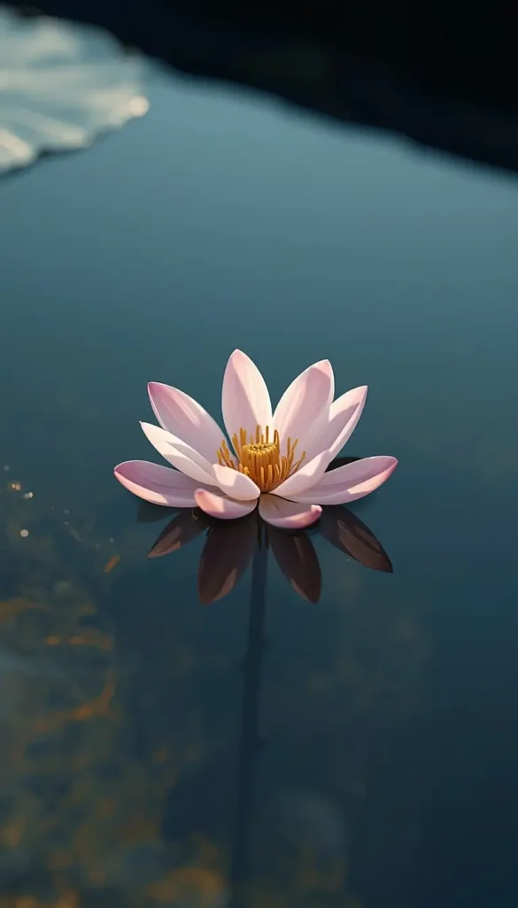 Lotus flower wallpaper showing a soft pink lotus floating on calm blue water with a clear reflection and peaceful aesthetic.