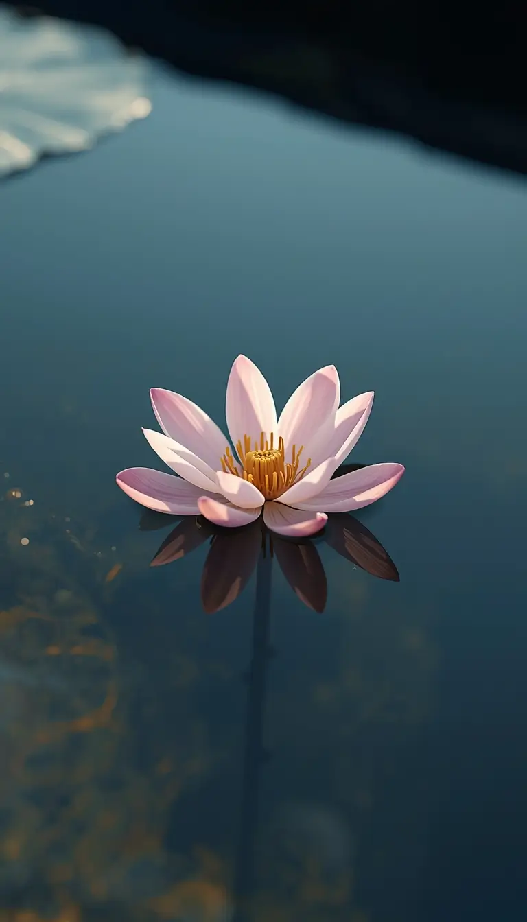 Lotus flower wallpaper showing a soft pink lotus floating on calm blue water with a clear reflection and peaceful aesthetic.