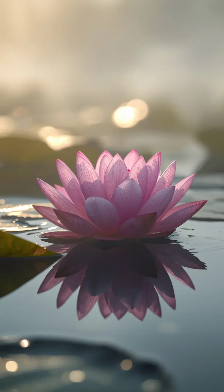 Lotus flower wallpaper showing a pink lotus floating on still water with soft morning light and a calm reflective background.